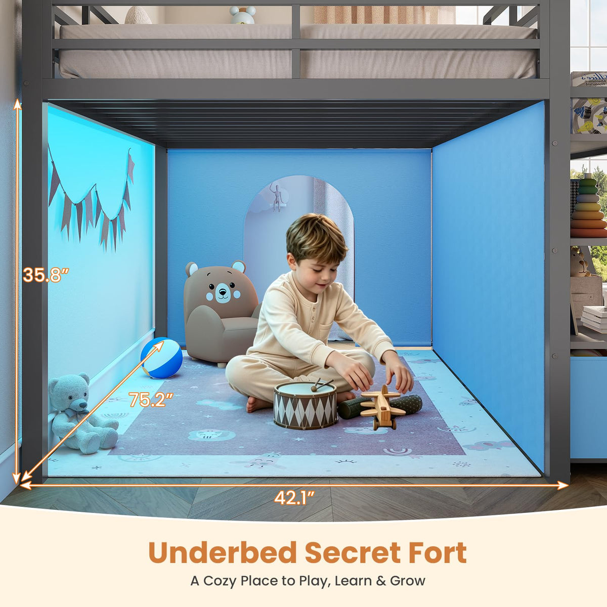 Twin Size Grey Low Loft Bed with 5 Drawers C563