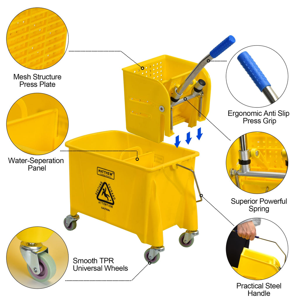 22 Quart Compact Mop Bucket with Side Press Wringer On Wheels U493106