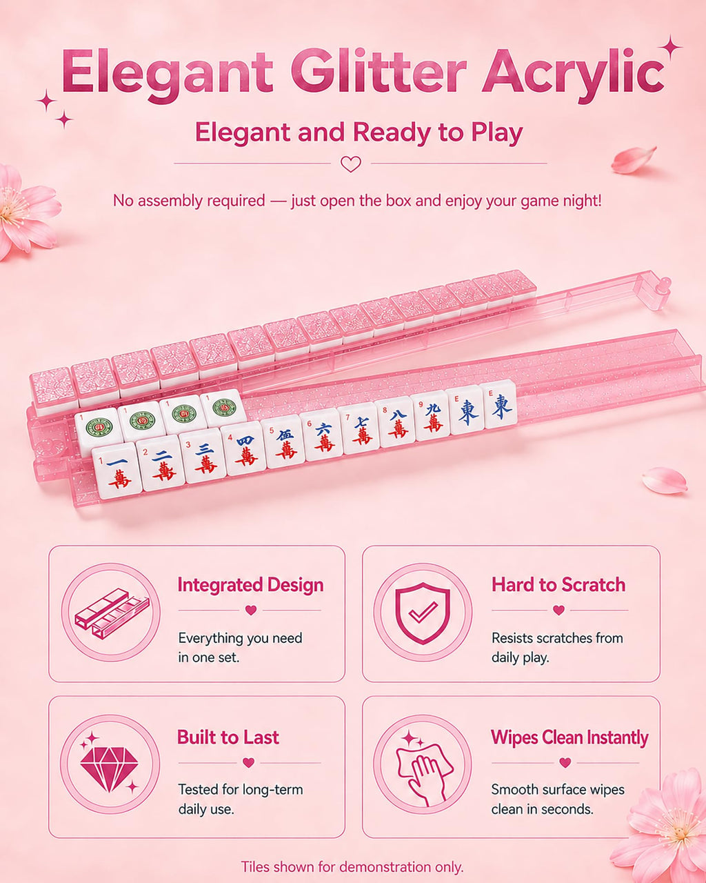 Pink Glitter Acrylic Mahjong Racks with Pushers Set of 4 I203