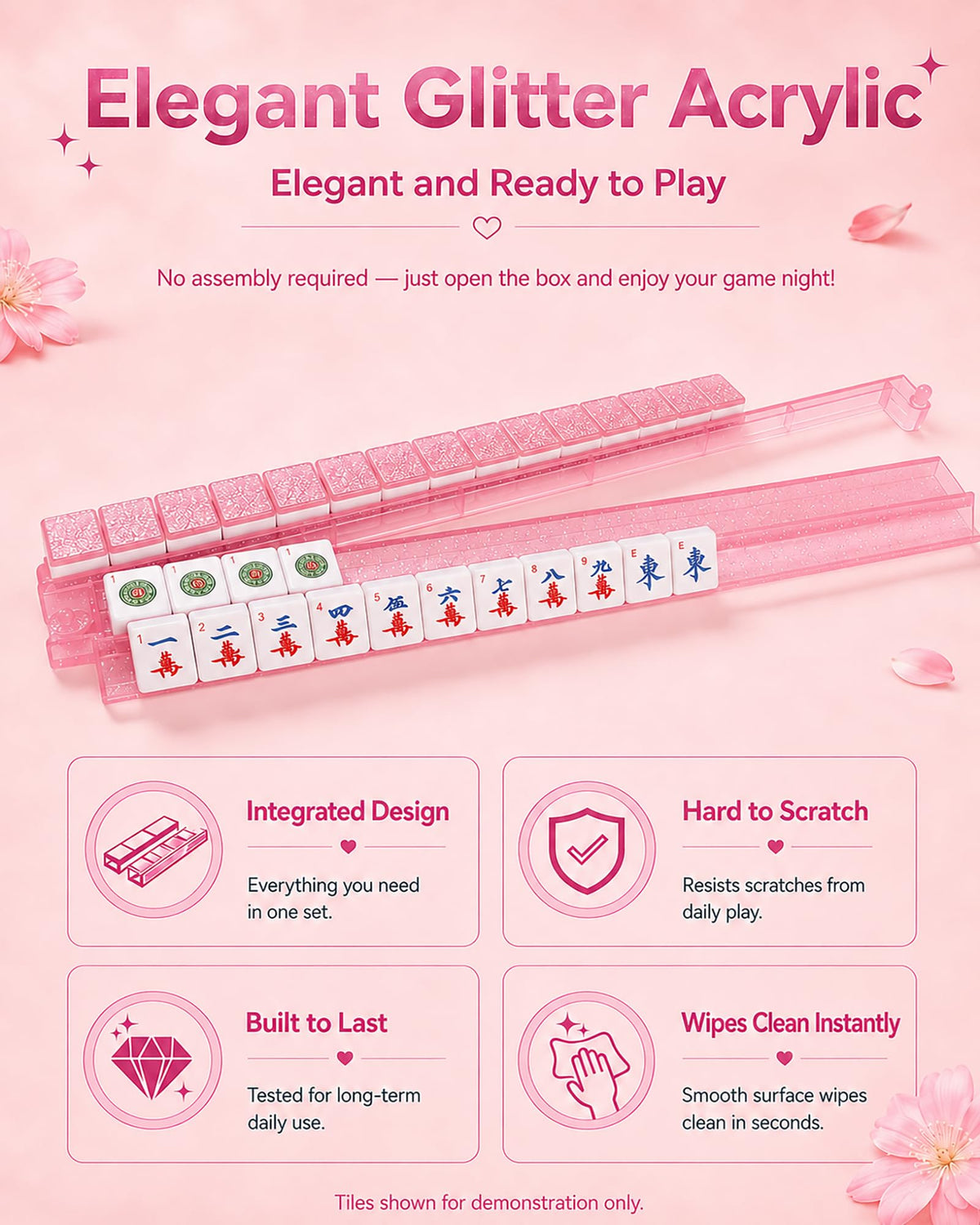 Pink Glitter Acrylic Mahjong Racks with Pushers Set of 4 I203