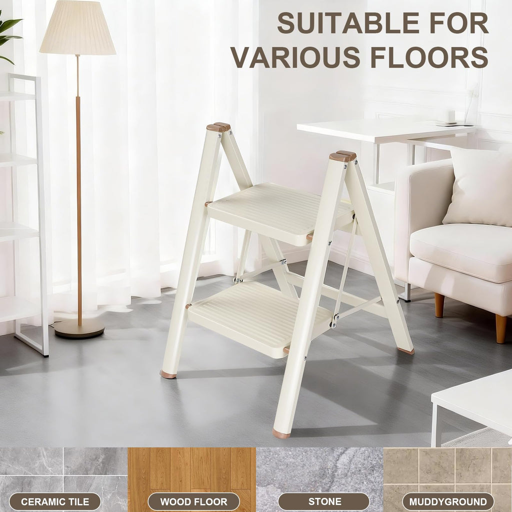 2 Step Ladder Folding Step Stool with Anti-Slip Pedal 330LBS Capacity Cream White B30000