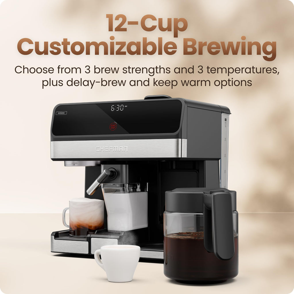 8-in-1 Espresso Machine with Milk Frother, 12-Cup Carafe, Black T2743
