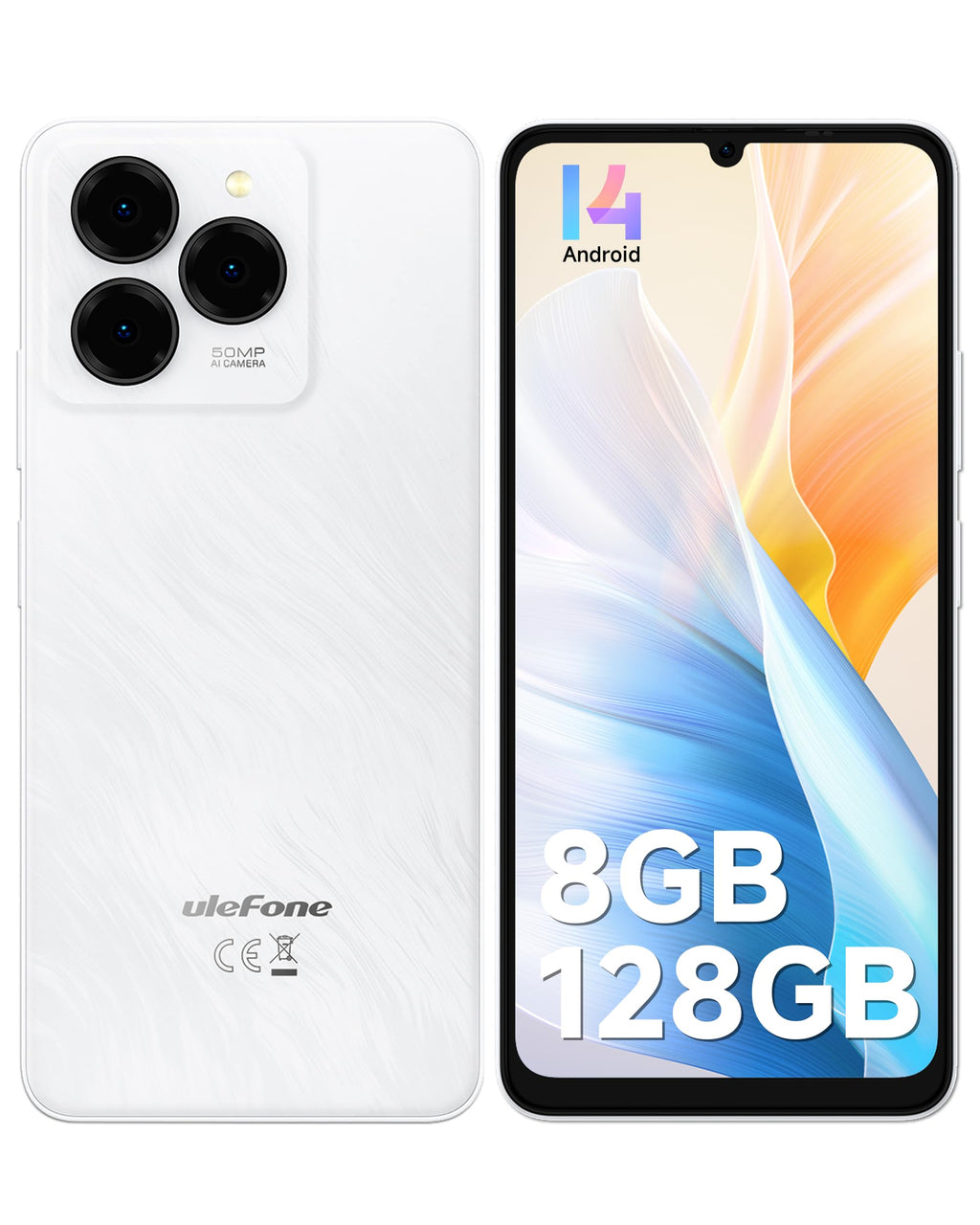 Unlocked Smartphone 8GB+128GB 6.75" 90Hz Android 14 50MP Camera 6000mAh White I244006