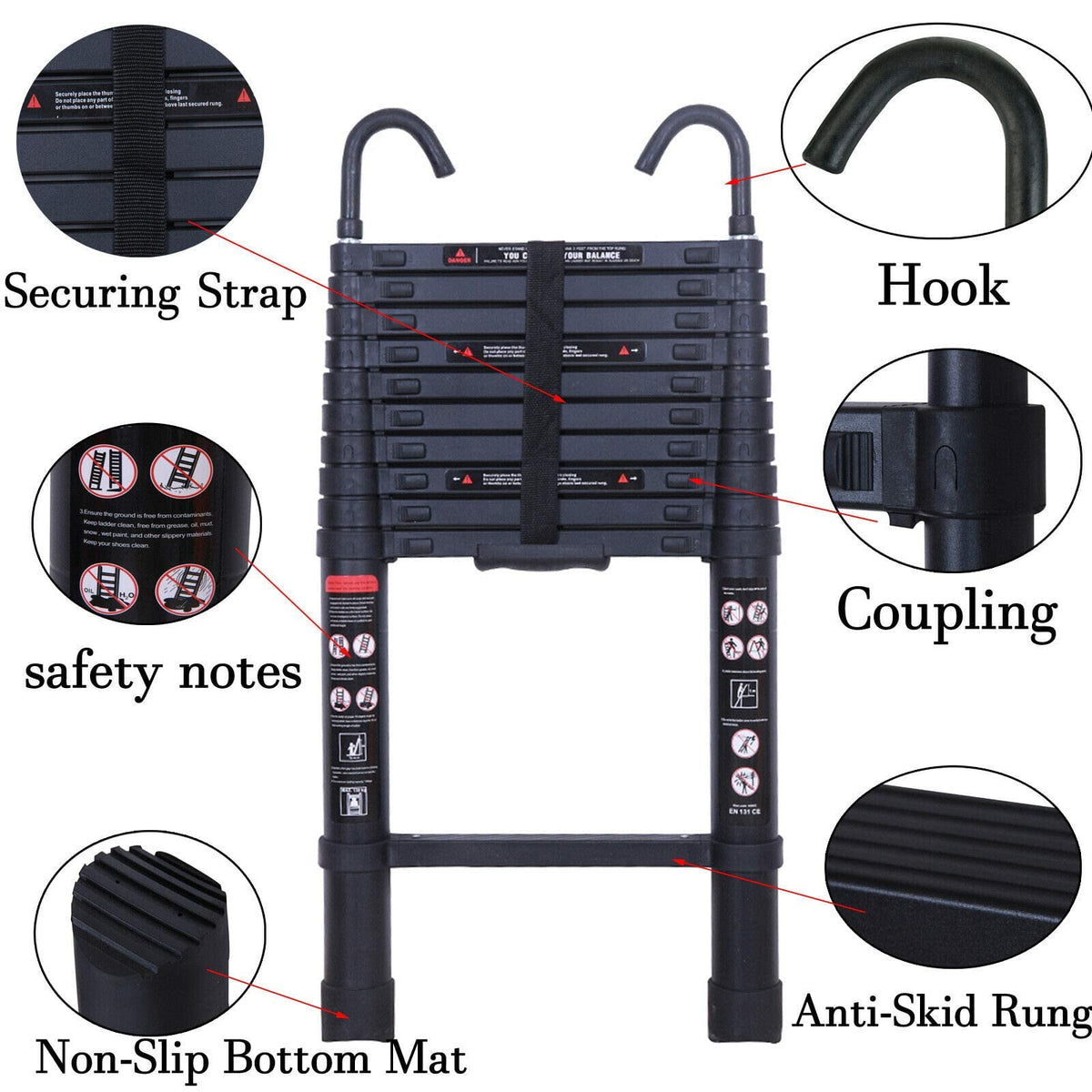 Black 20.3FT Aluminum Telescoping Ladder 330lbs Capacity T166266