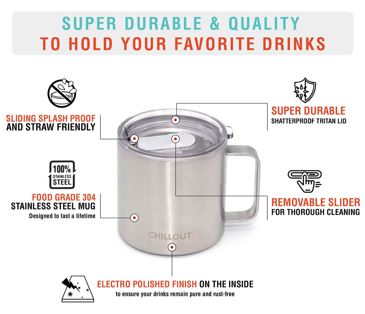 Stainless Steel Vacuum Insulated Coffee Mug 16 oz Set of 2 with Handle and Lid T765202