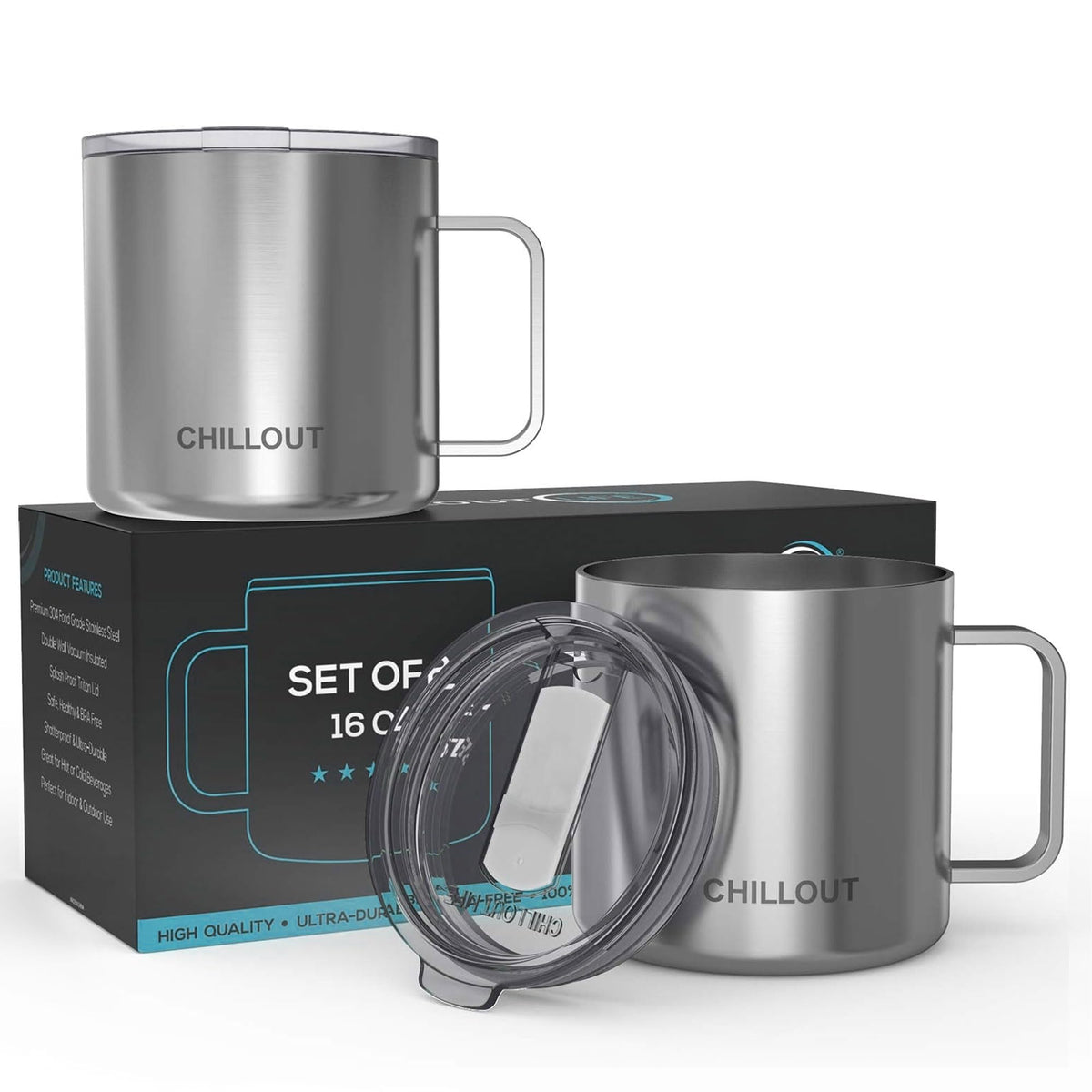 Stainless Steel Vacuum Insulated Coffee Mug 16 oz Set of 2 with Handle and Lid T765202