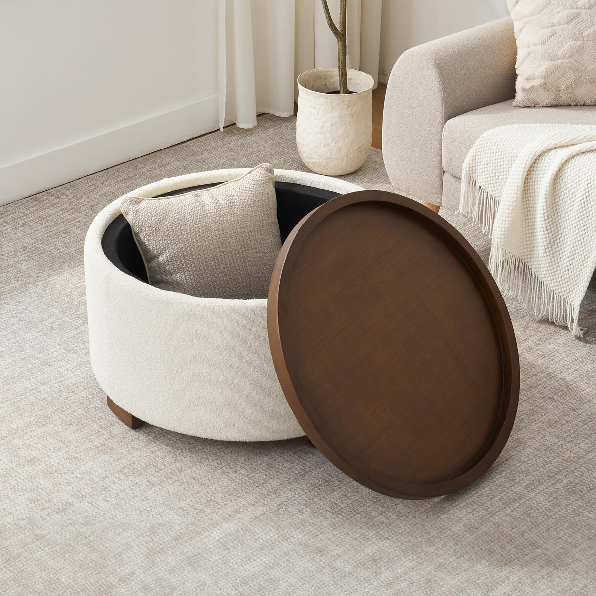 30 Inch Round Boucle Storage Ottoman N75558