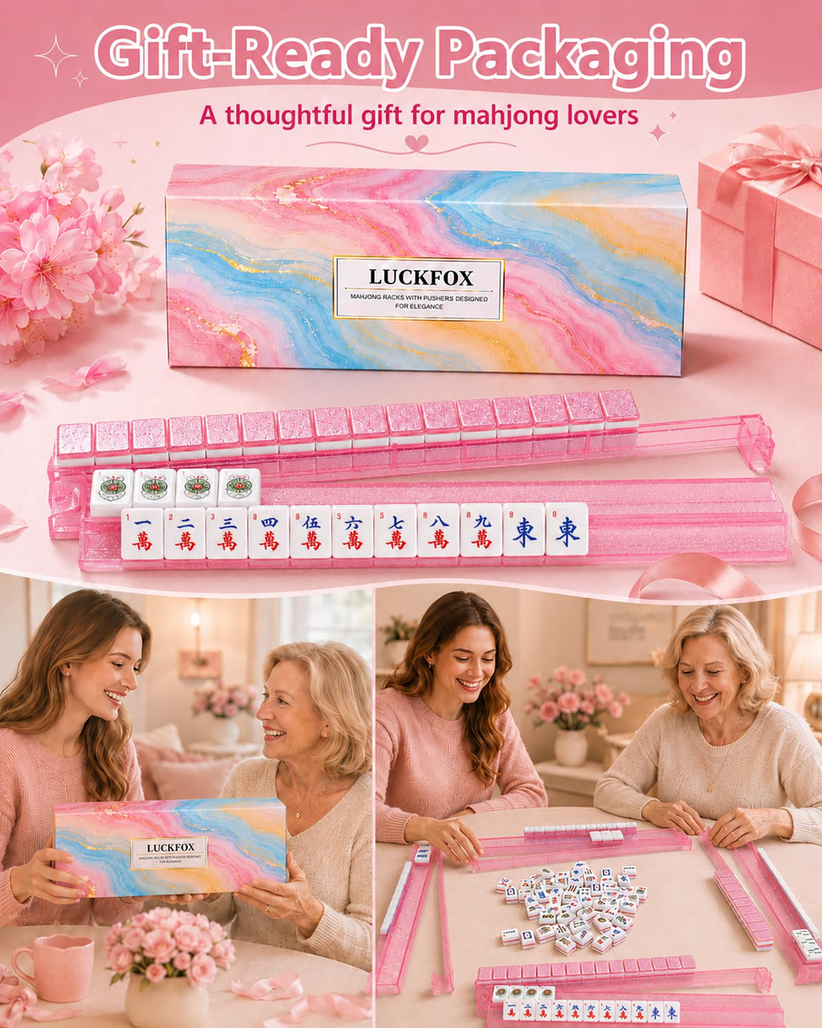 Pink Glitter Acrylic Mahjong Racks with Pushers Set of 4 I203