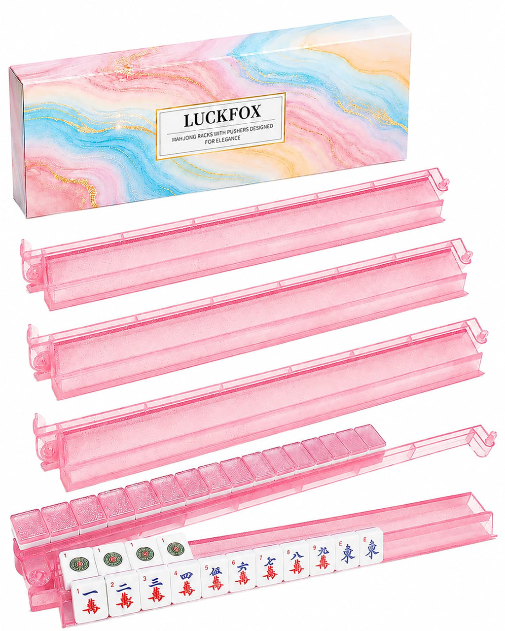 Pink Glitter Acrylic Mahjong Racks with Pushers Set of 4 I203