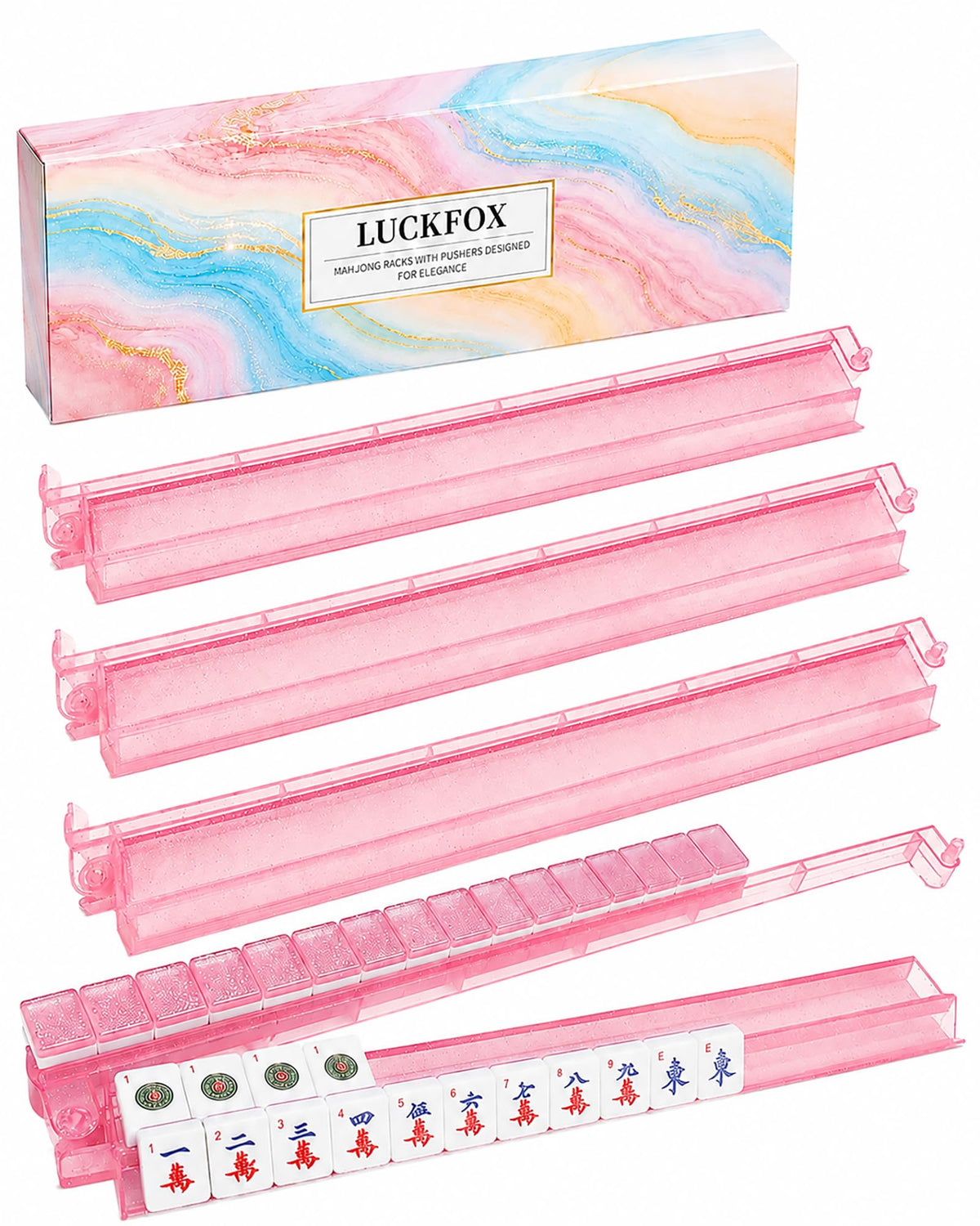 Pink Glitter Acrylic Mahjong Racks with Pushers Set of 4 I203