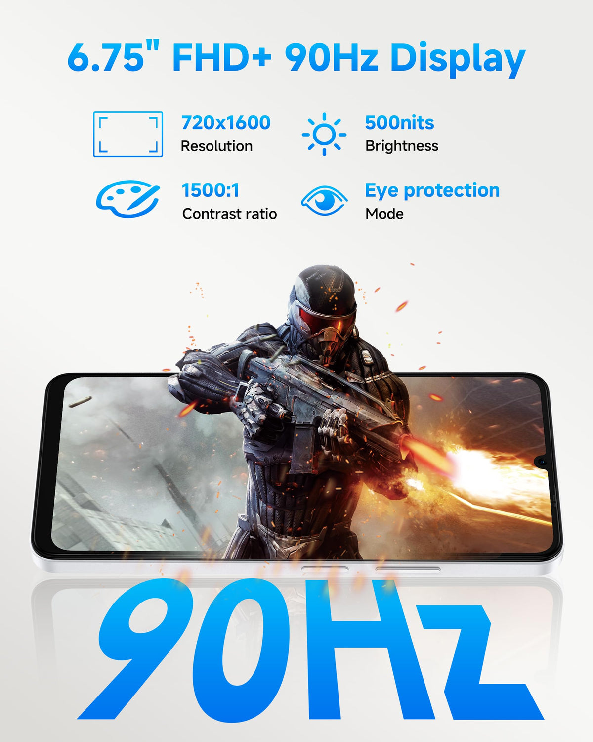 Unlocked Smartphone 8GB+128GB 6.75" 90Hz Android 14 50MP Camera 6000mAh White I244006