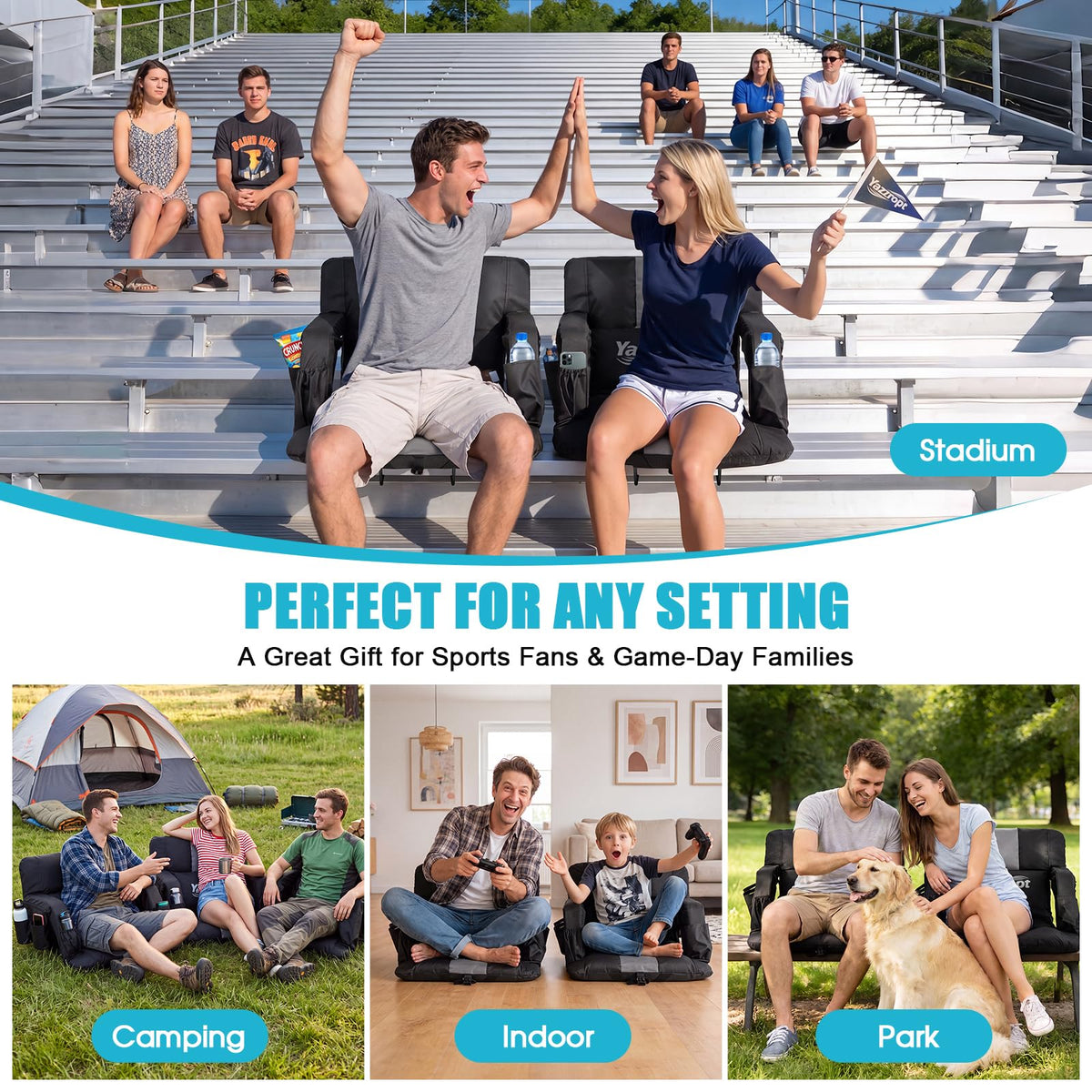 Wide Padded Stadium Seat with Back Support and Cup Holder T514