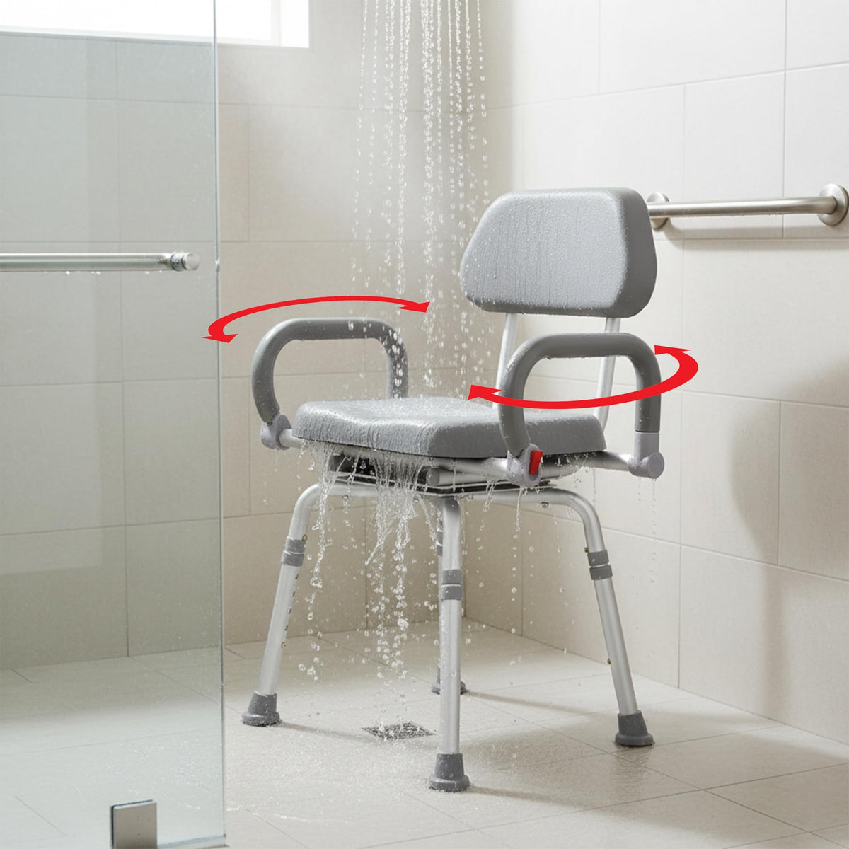 Gray Pivoting Shower Chair with Padded Back and Arms U703628