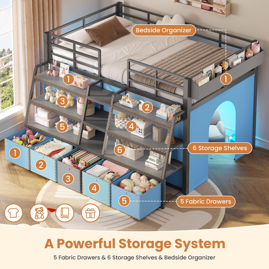 Twin Size Grey Low Loft Bed with 5 Drawers C563