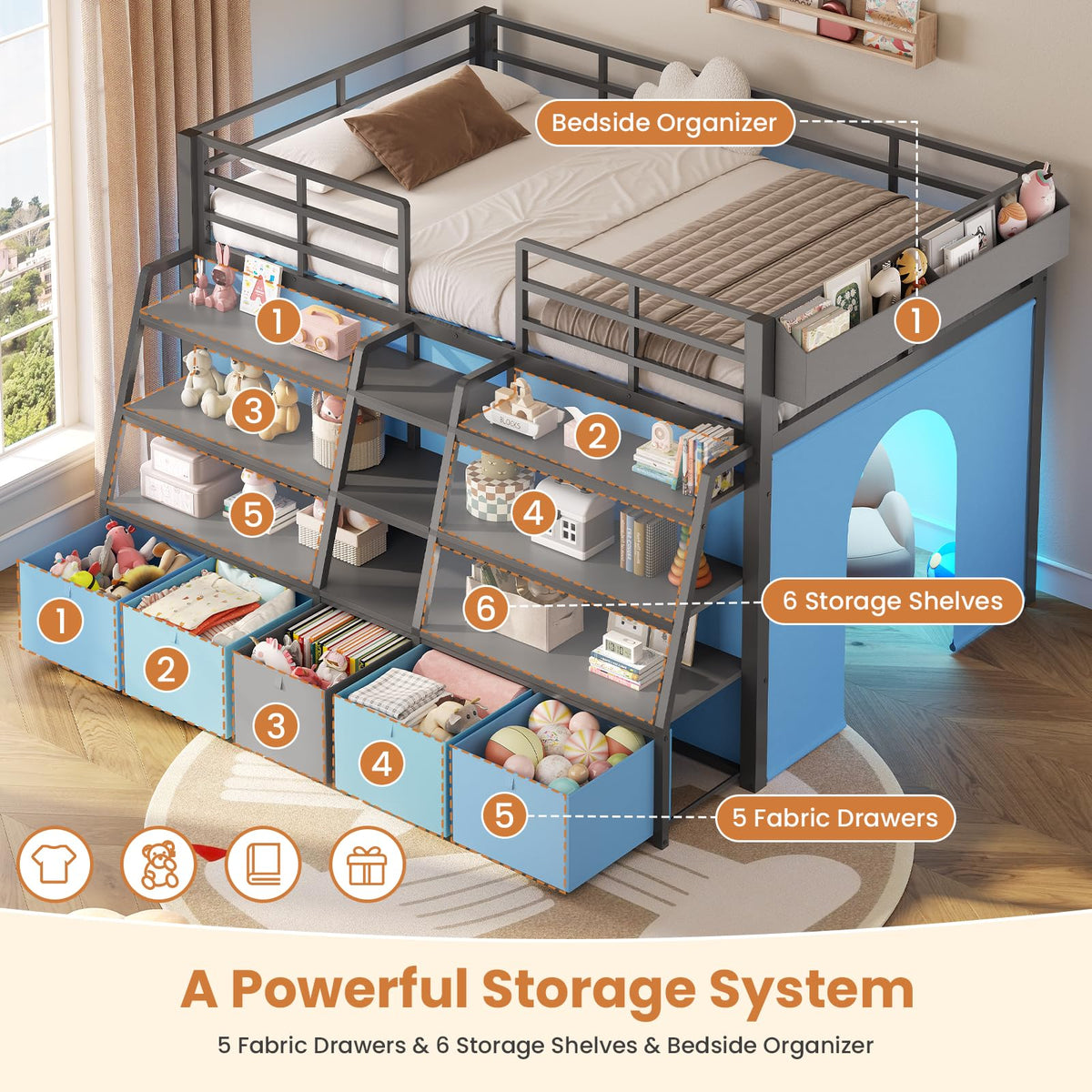 Twin Size Grey Low Loft Bed with 5 Drawers C563