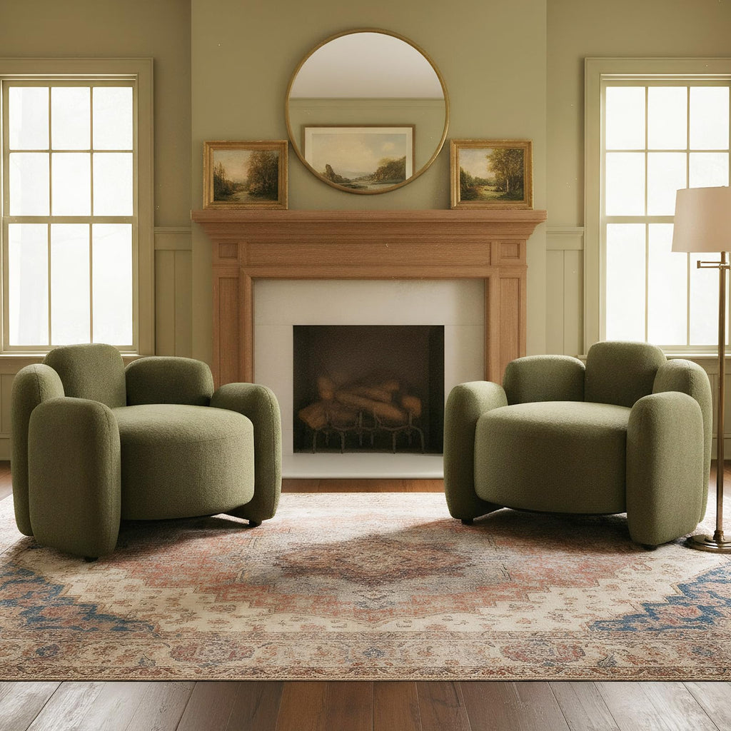 Green Set of 2 Upholstered Barrel Accent Chairs with Solid Wood Base Y706