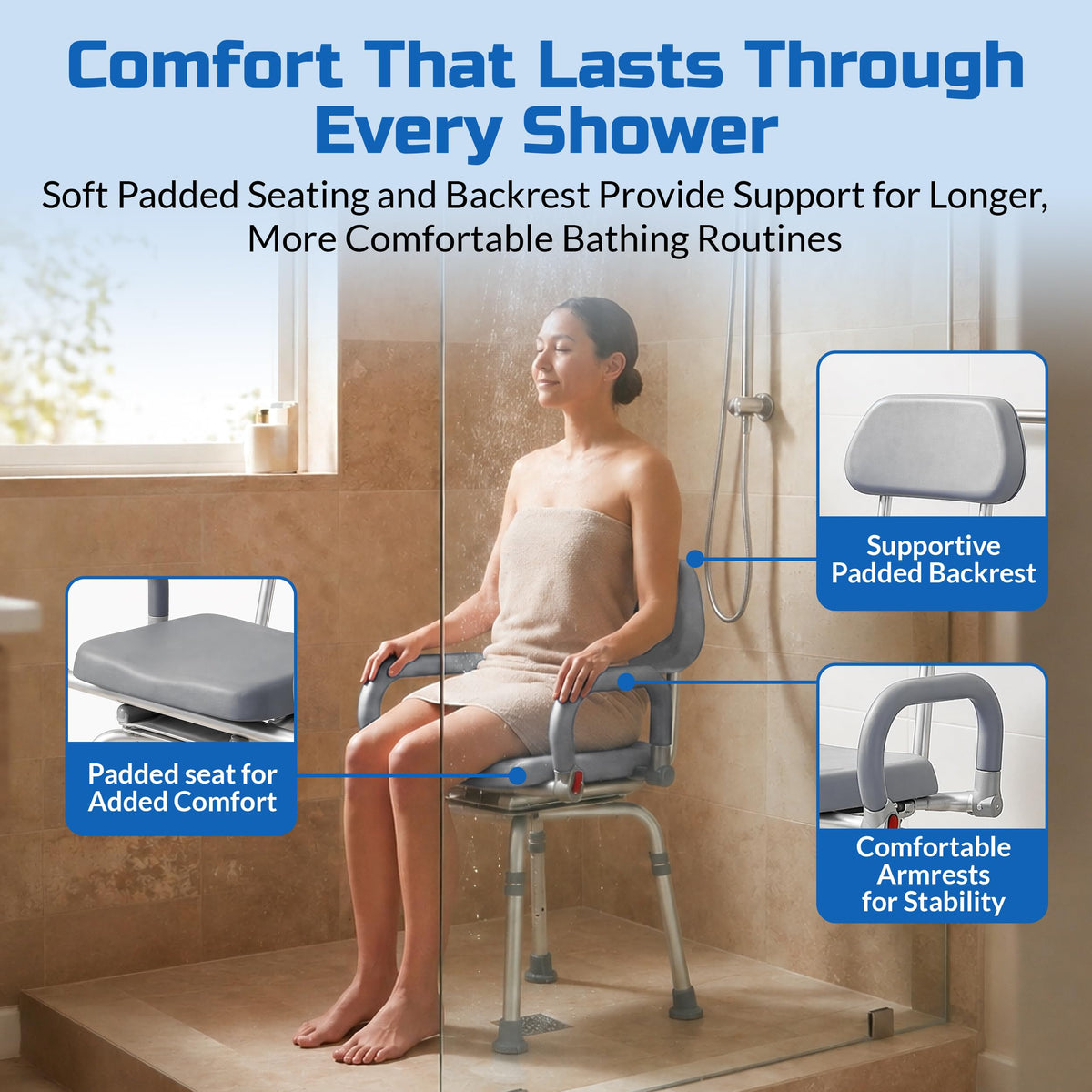 Gray Pivoting Shower Chair with Padded Back and Arms U703628