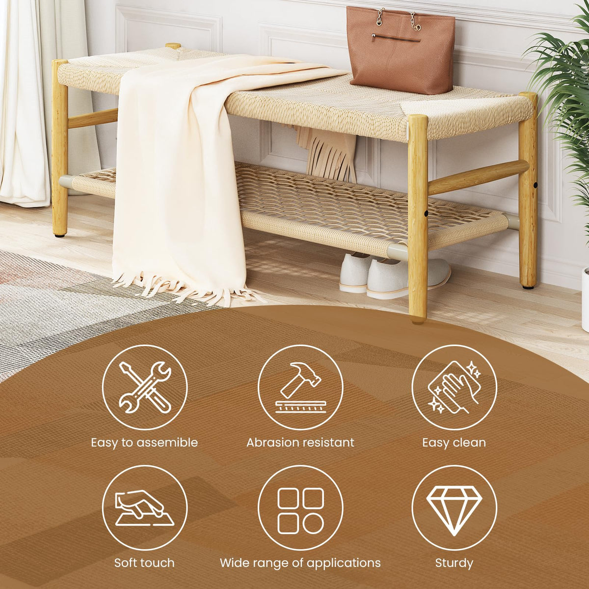 Indoor Entryway Bench with Storage Rack and Rubber Wood Legs J420500