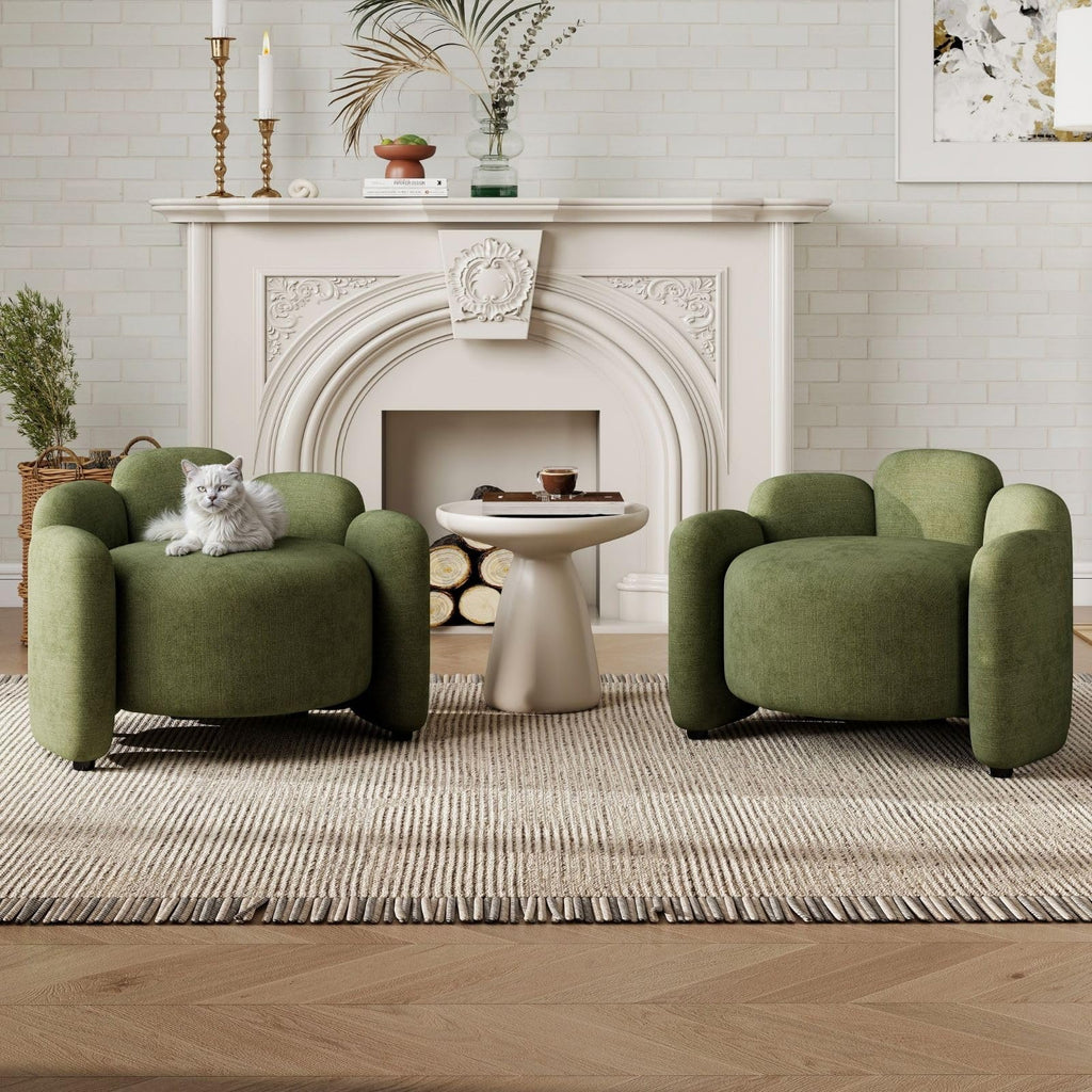 Green Set of 2 Upholstered Barrel Accent Chairs with Solid Wood Base Y706