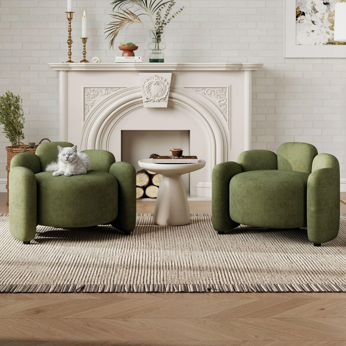 Green Set of 2 Upholstered Barrel Accent Chairs with Solid Wood Base Y706