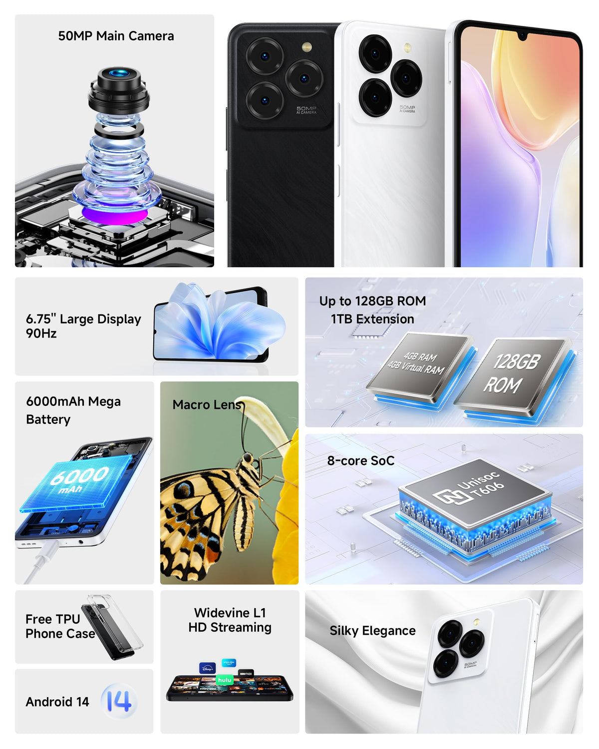 Unlocked Smartphone 8GB+128GB 6.75" 90Hz Android 14 50MP Camera 6000mAh White I244006