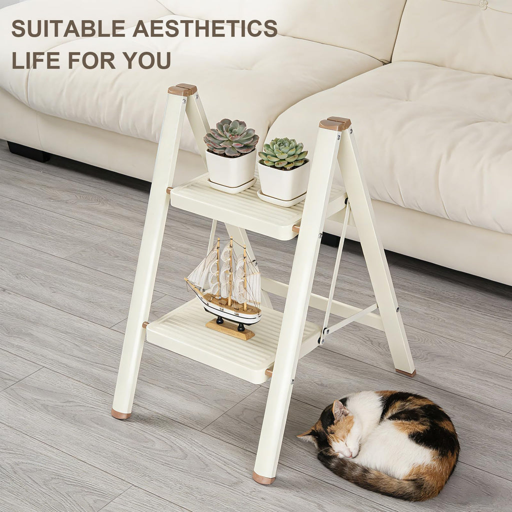 2 Step Ladder Folding Step Stool with Anti-Slip Pedal 330LBS Capacity Cream White B30000