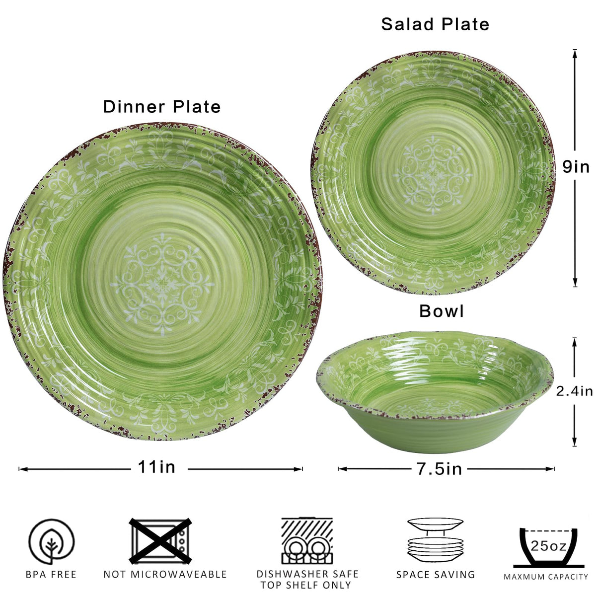 12 Piece Green Melamine Dinnerware Set N166