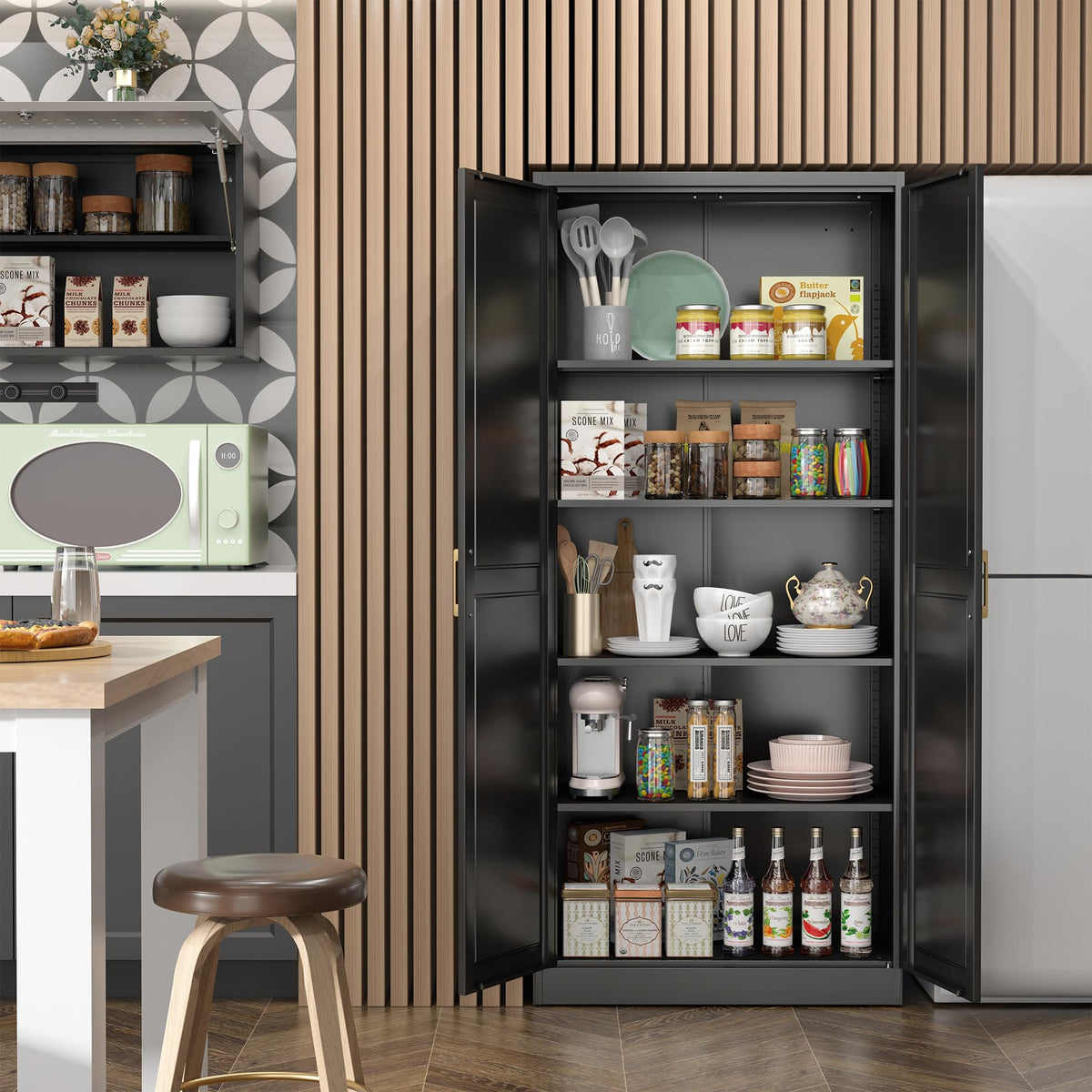 71" Metal Pantry Storage Cabinet with Doors & 4 Adjustable Shelves D930
