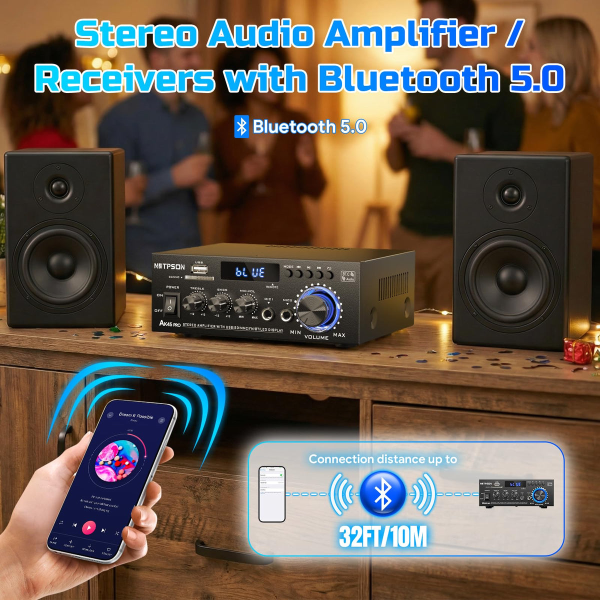 2CH 50W Bluetooth Stereo Receiver Amplifier with FM Radio T5175