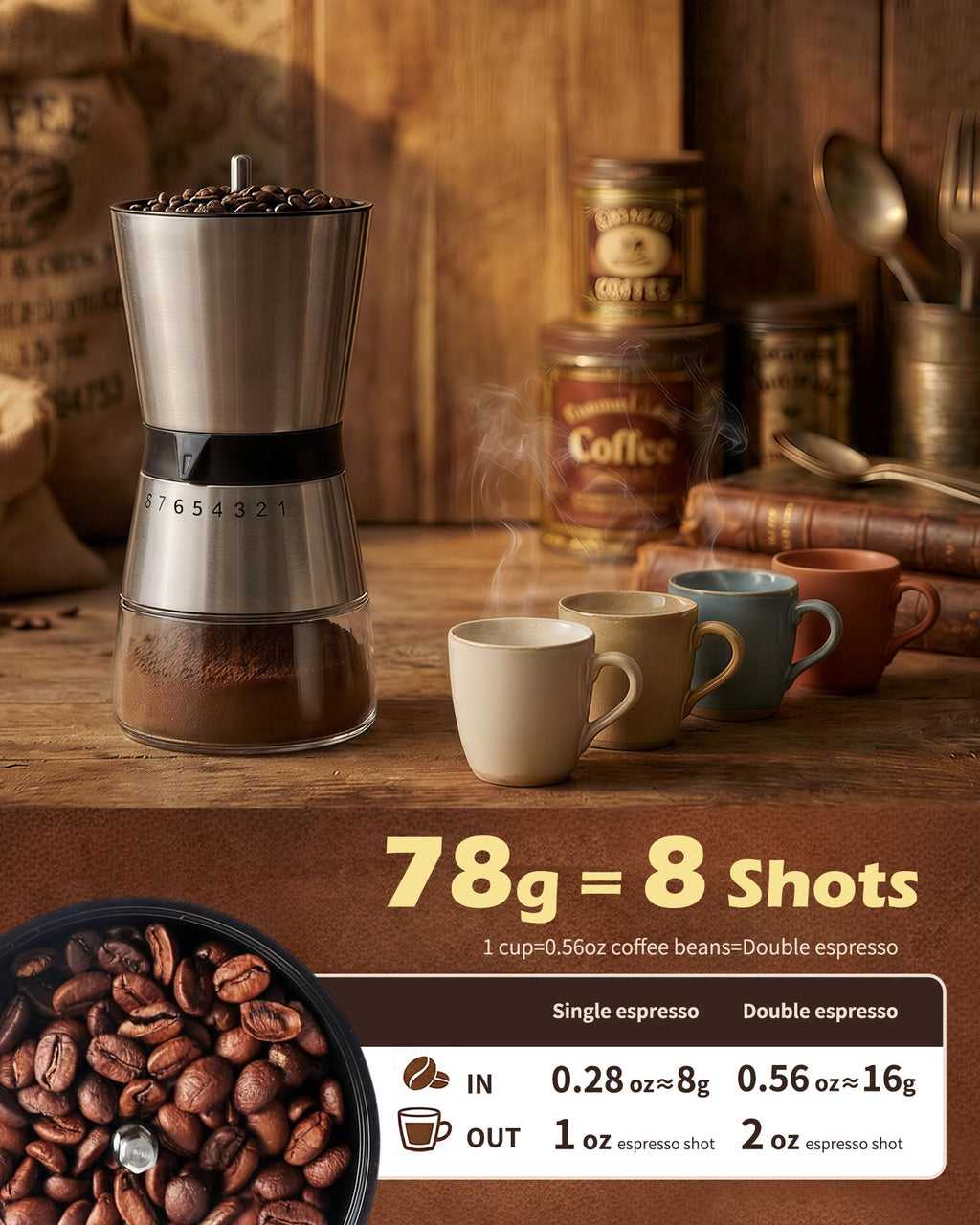 Manual Coffee Grinder with Handle Crank, Ceramic Burr J269