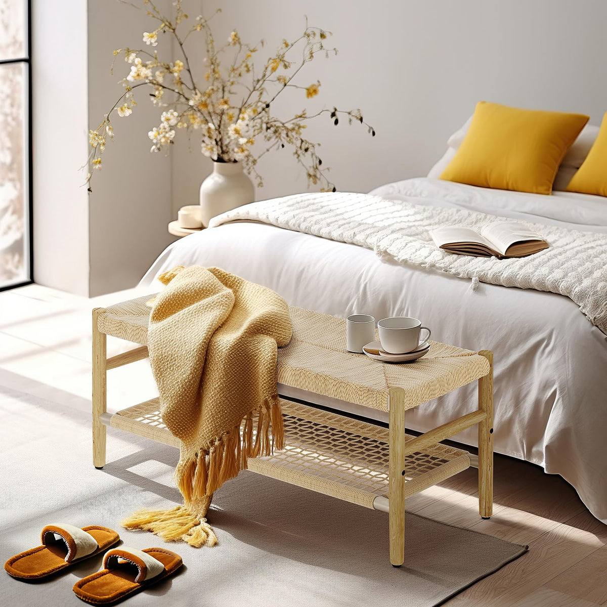 Indoor Entryway Bench with Storage Rack and Rubber Wood Legs J420500