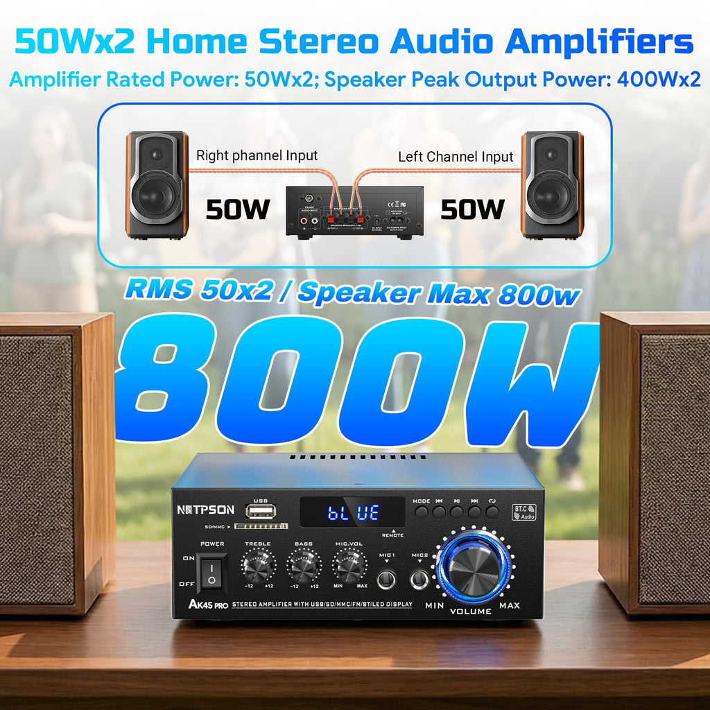 2CH 50W Bluetooth Stereo Receiver Amplifier with FM Radio T5175
