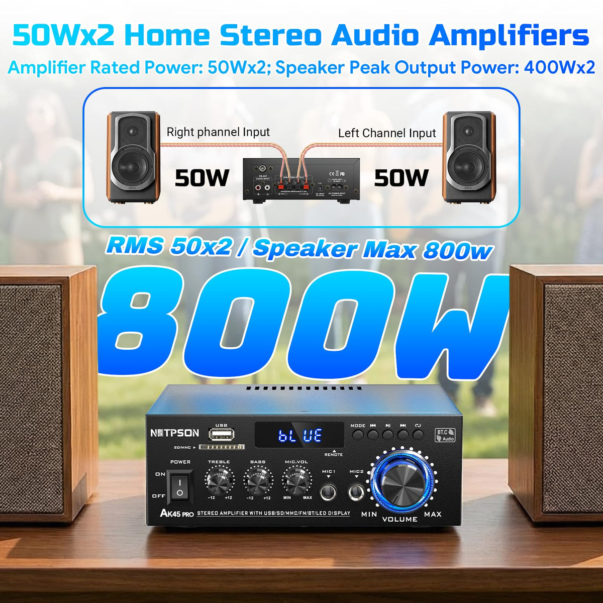 2CH 50W Bluetooth Stereo Receiver Amplifier with FM Radio T5175