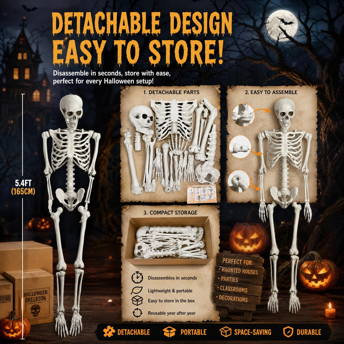 5.4FT Halloween Skeleton with Movable Joints V730255