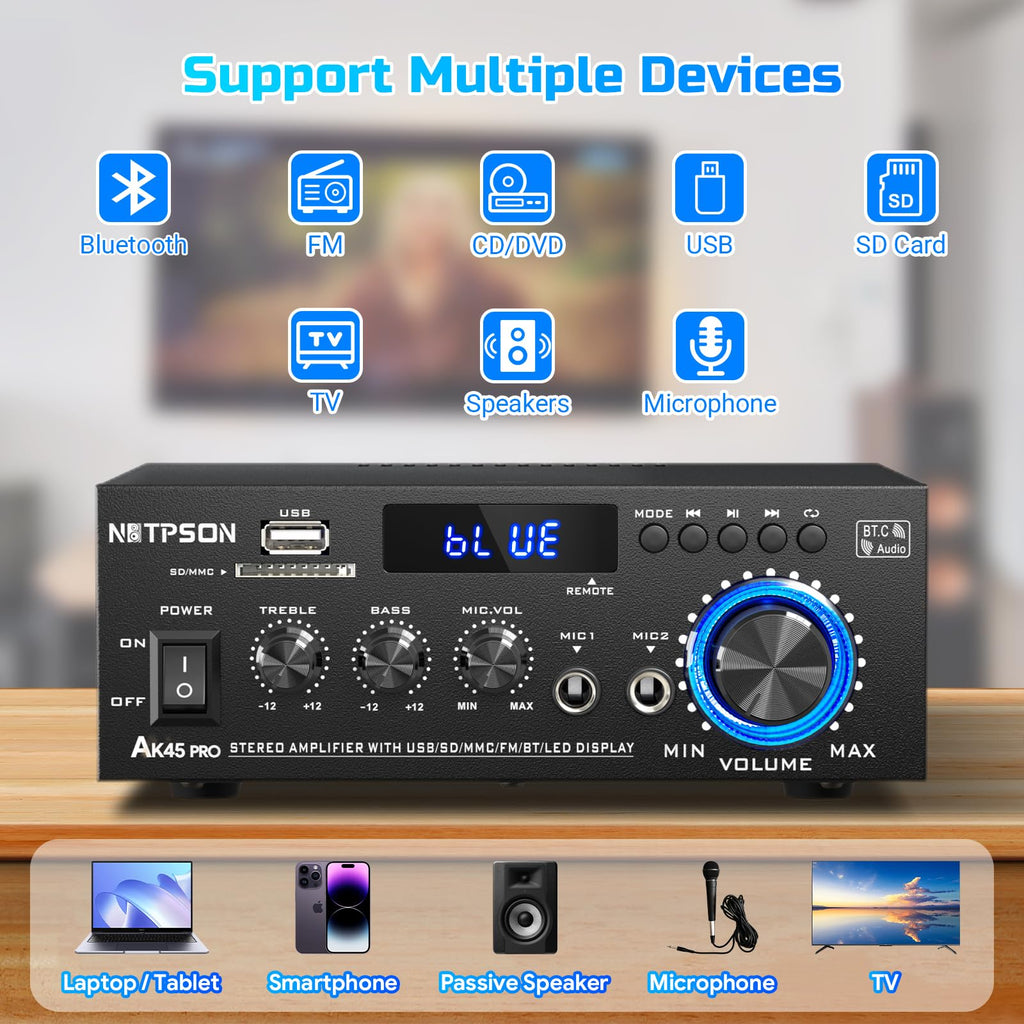 2CH 50W Bluetooth Stereo Receiver Amplifier with FM Radio T5175