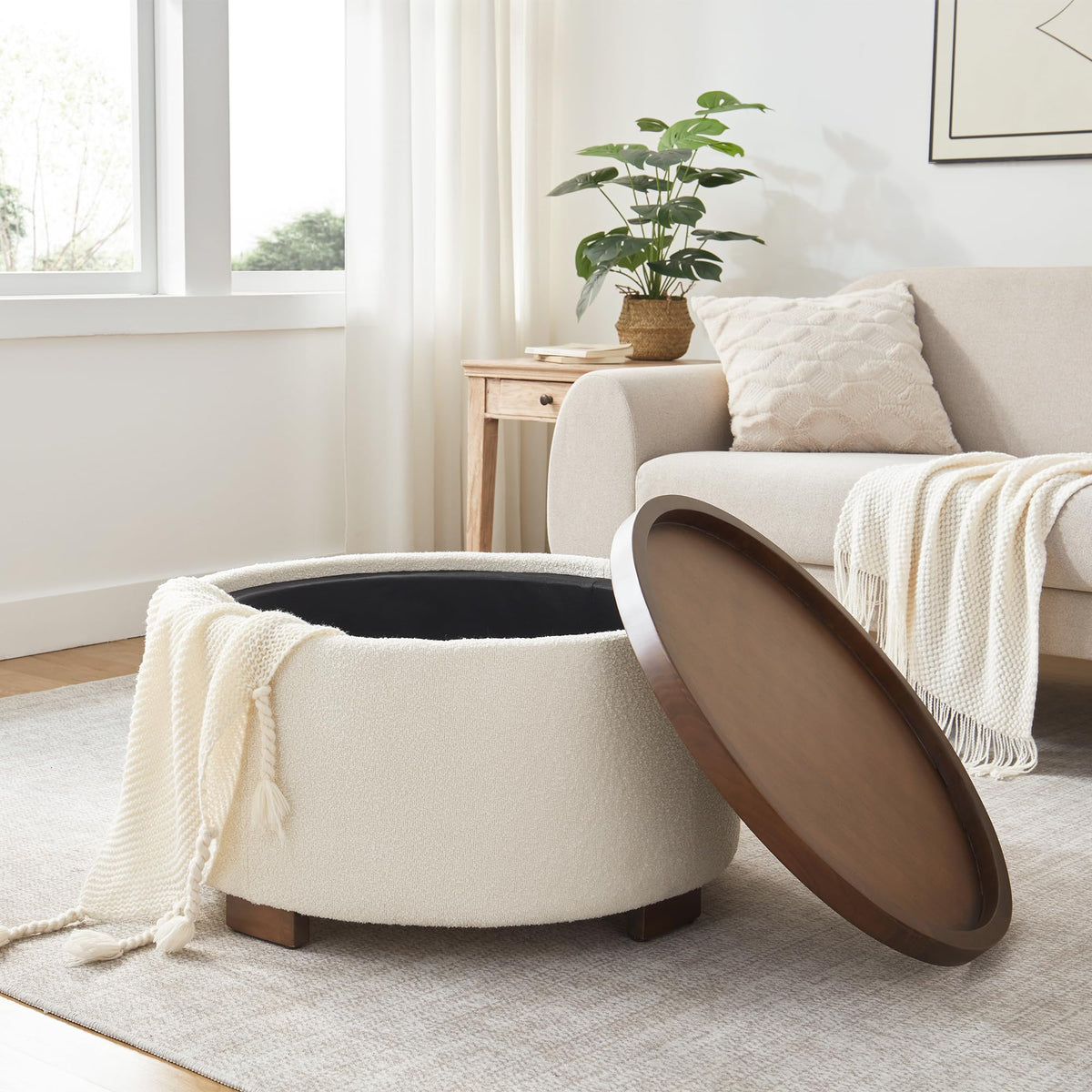 30 Inch Round Boucle Storage Ottoman N75558