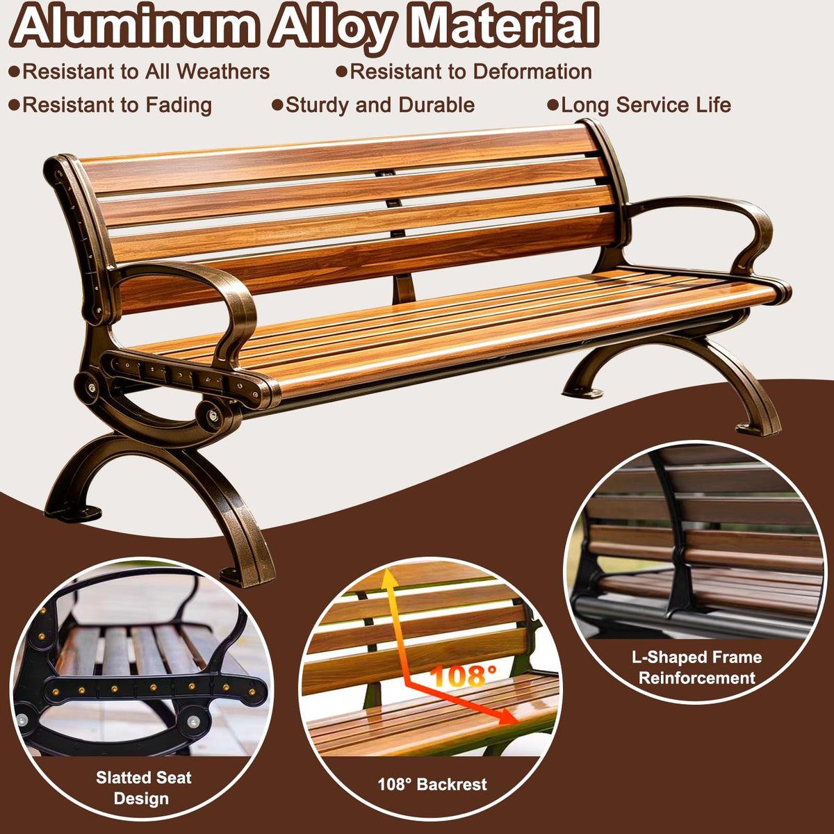 70" Aluminum Alloy Outdoor Bench with Armrest F91349