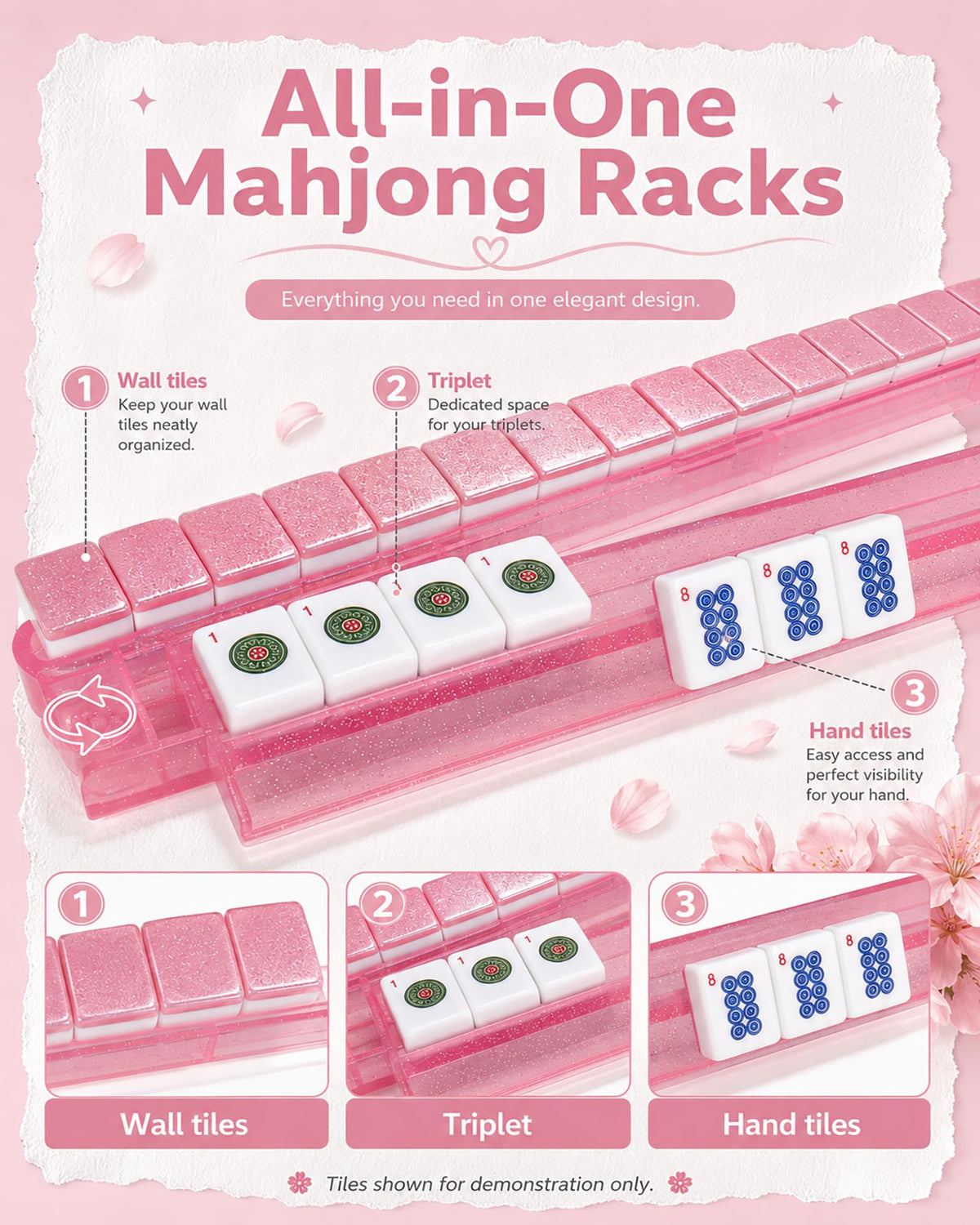 Pink Glitter Acrylic Mahjong Racks with Pushers Set of 4 I203