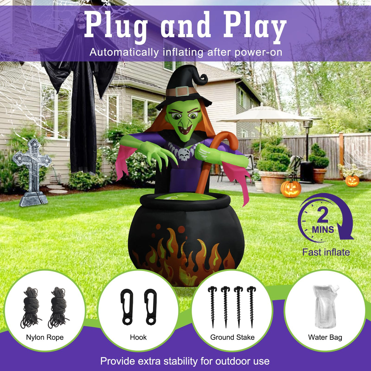 8Ft Tall Halloween Inflatable Witch Cauldron with 4 Led Lights I5096