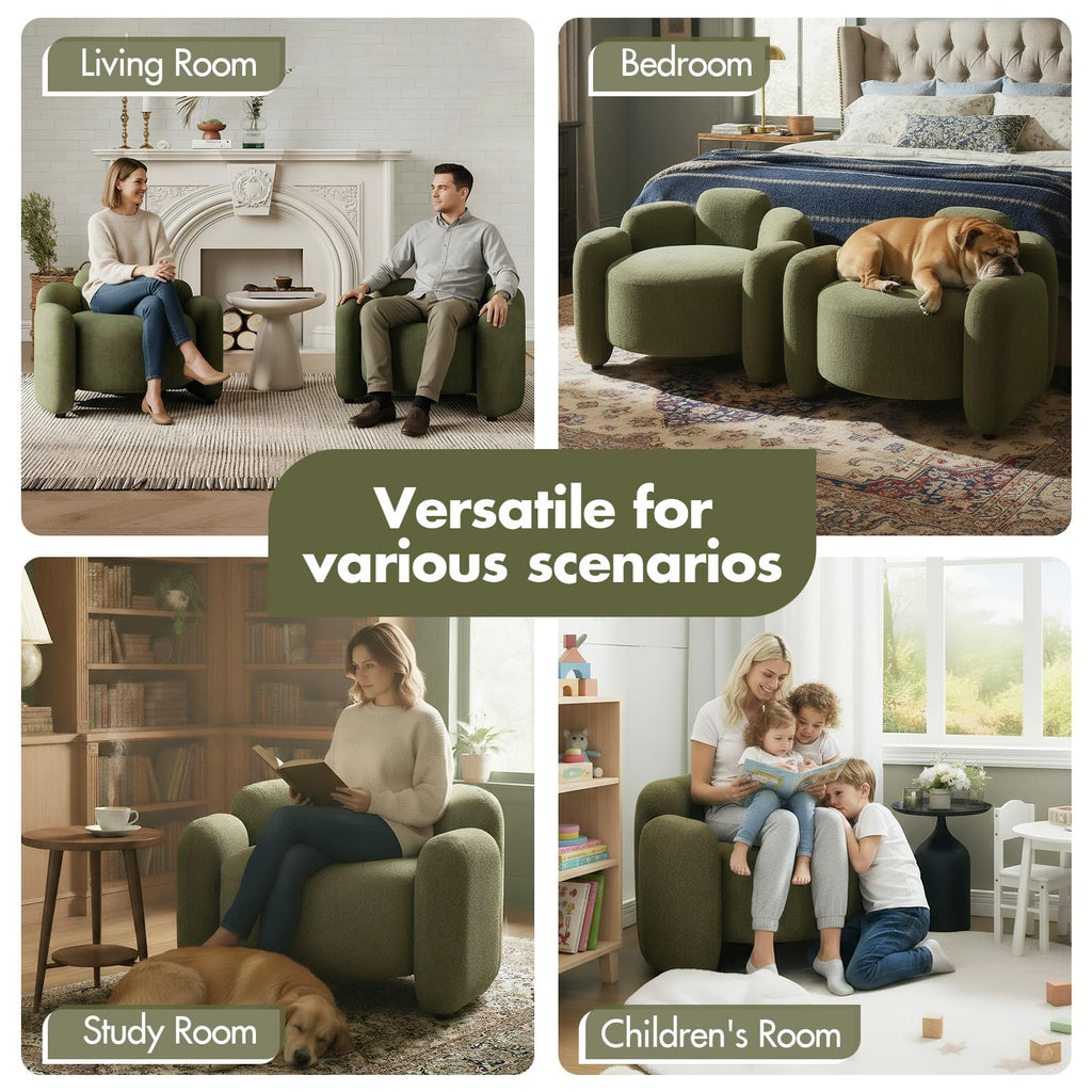 Green Set of 2 Upholstered Barrel Accent Chairs with Solid Wood Base Y706