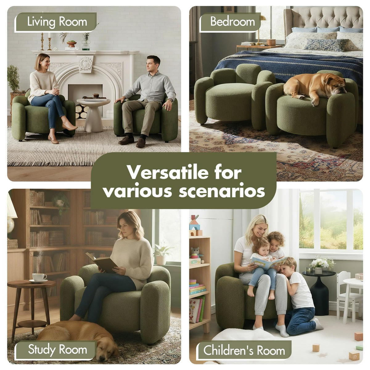 Green Set of 2 Upholstered Barrel Accent Chairs with Solid Wood Base Y706