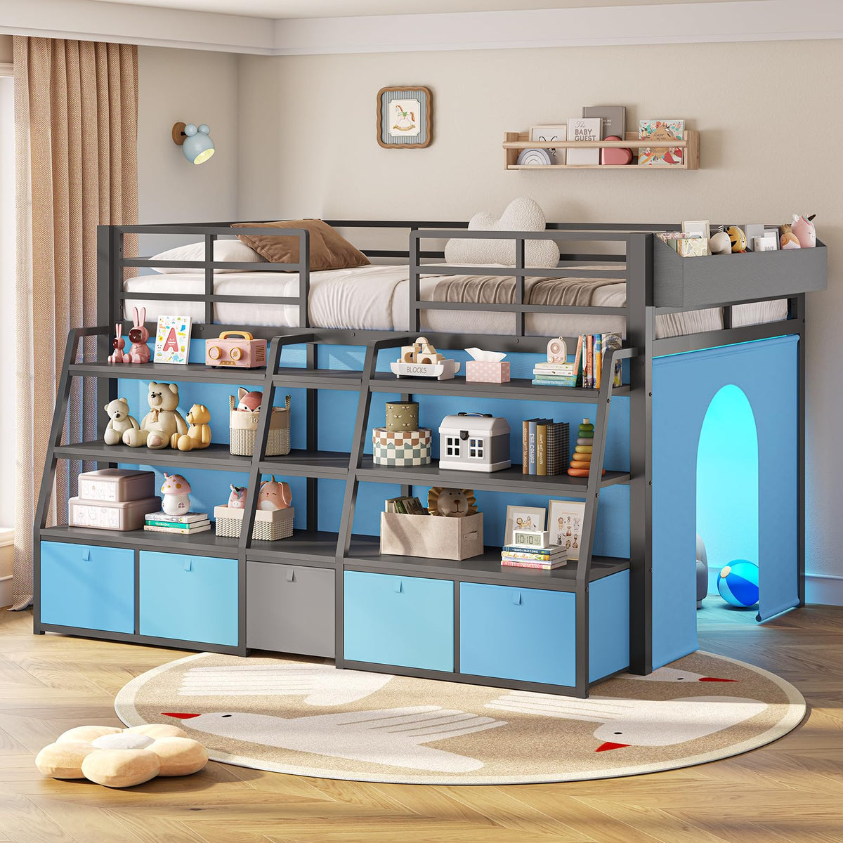 Twin Size Grey Low Loft Bed with 5 Drawers C563