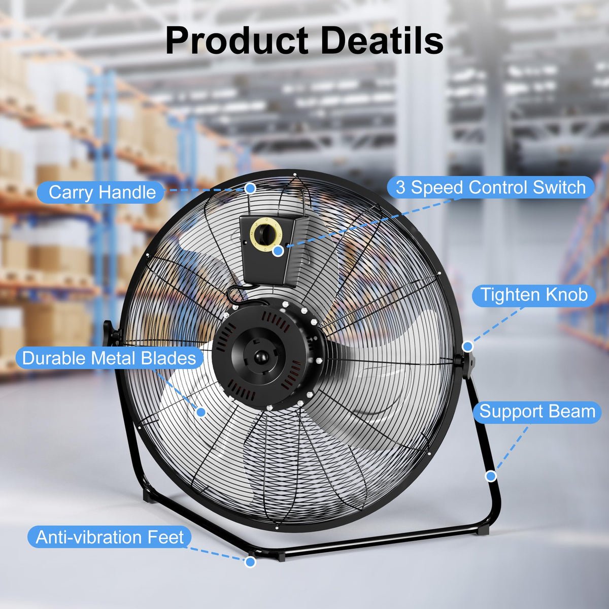 20 Inch 3 Speed High Velocity Metal Industrial Floor Fan M9930