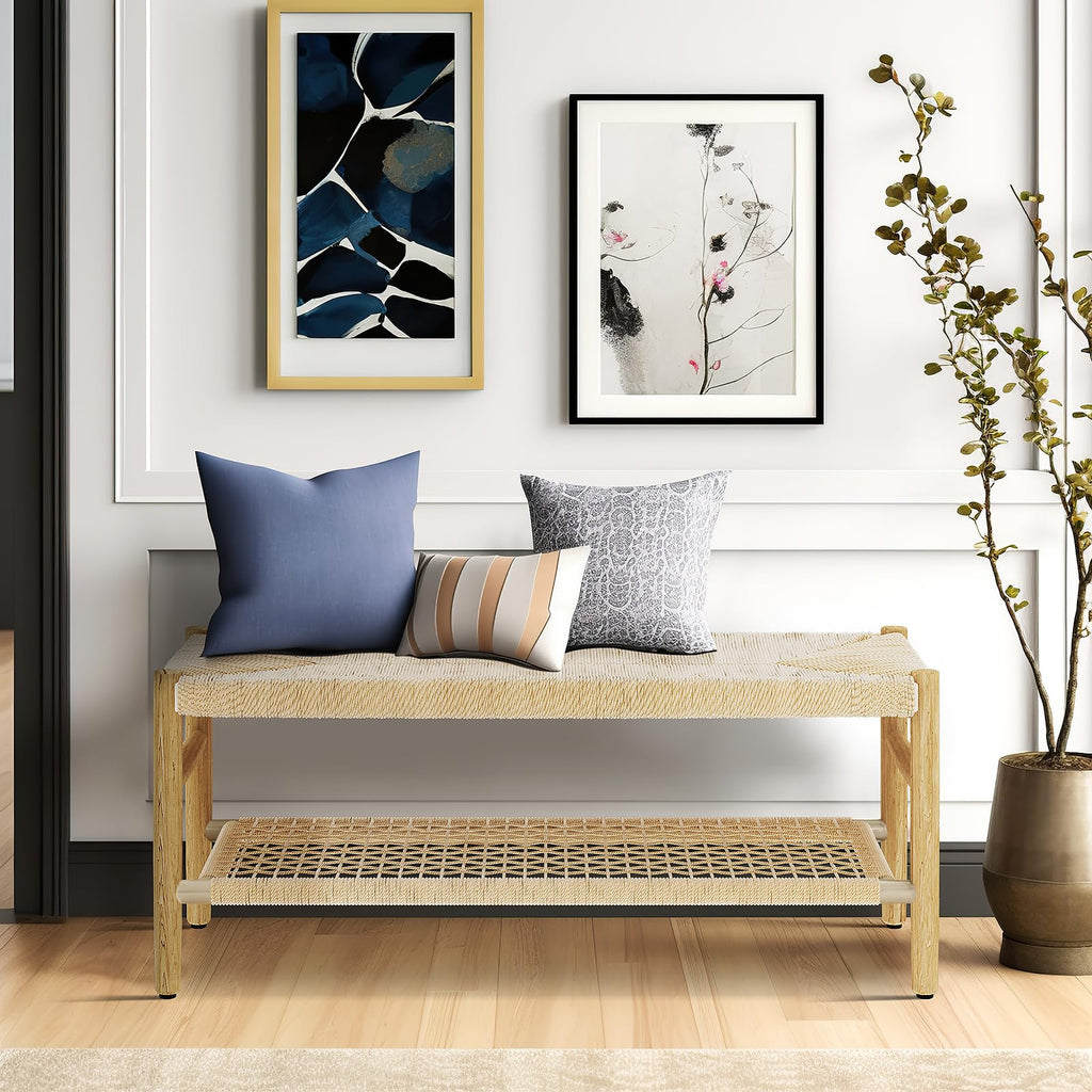 Indoor Entryway Bench with Storage Rack and Rubber Wood Legs J420500