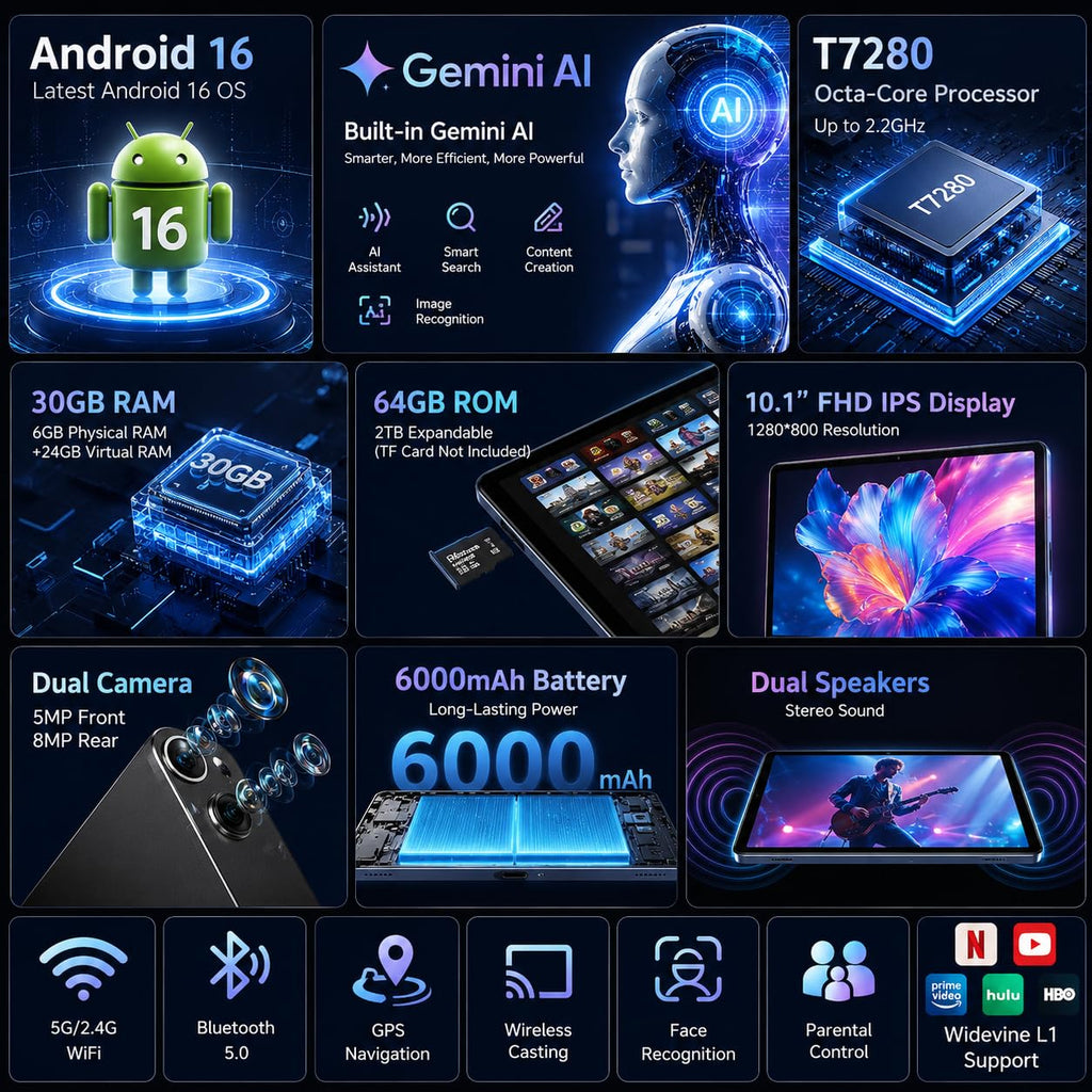 Black 10.1 inch Android 16 Tablet with Keyboard N913216