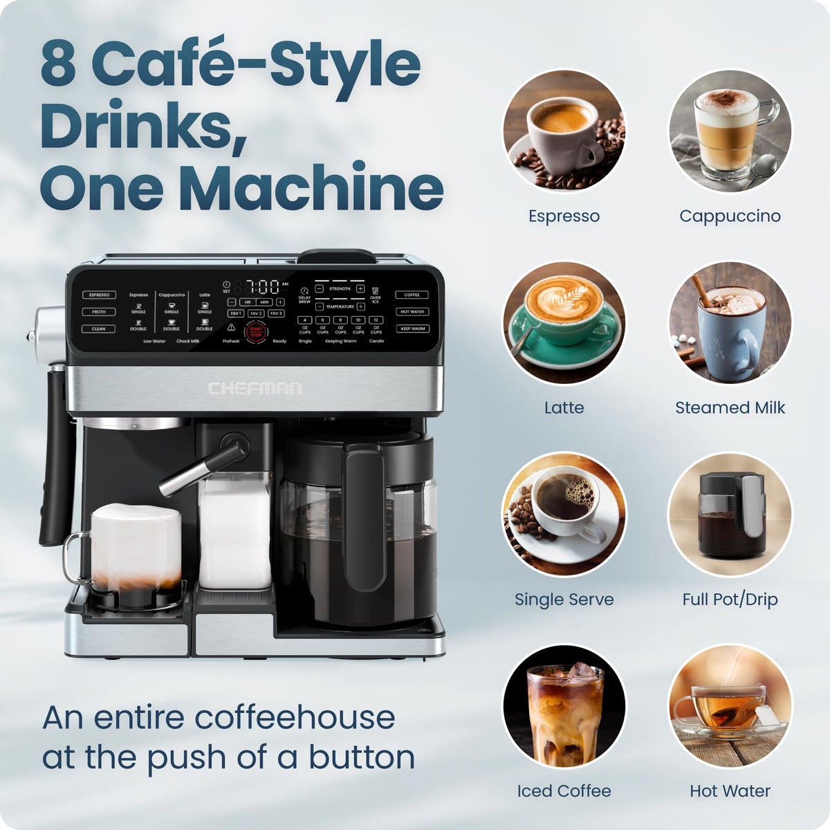 8-in-1 Espresso Machine with Milk Frother, 12-Cup Carafe, Black T2743