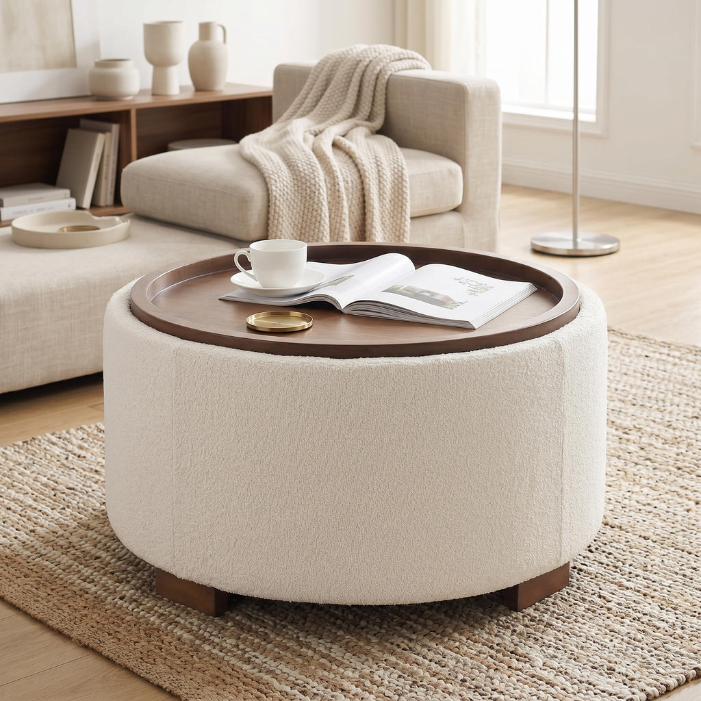 30 Inch Round Boucle Storage Ottoman N75558