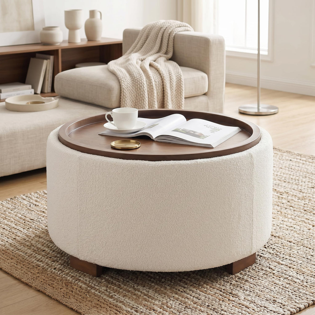 30 Inch Round Boucle Storage Ottoman N75558