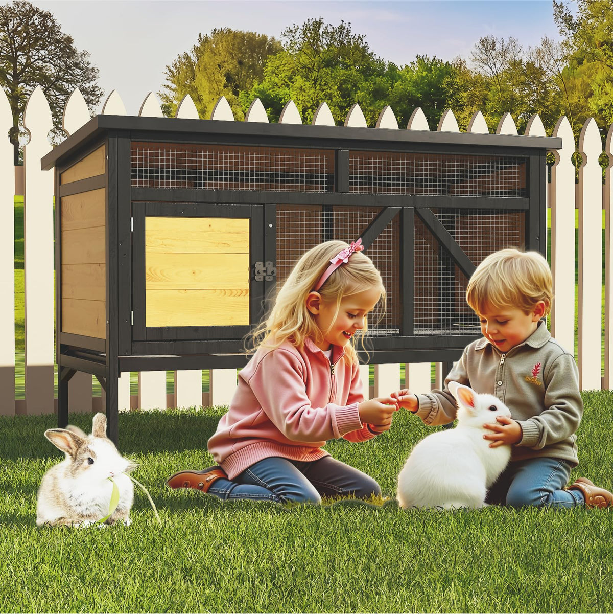 46.7" Wooden Rabbit Hutch with Removable Tray J226
