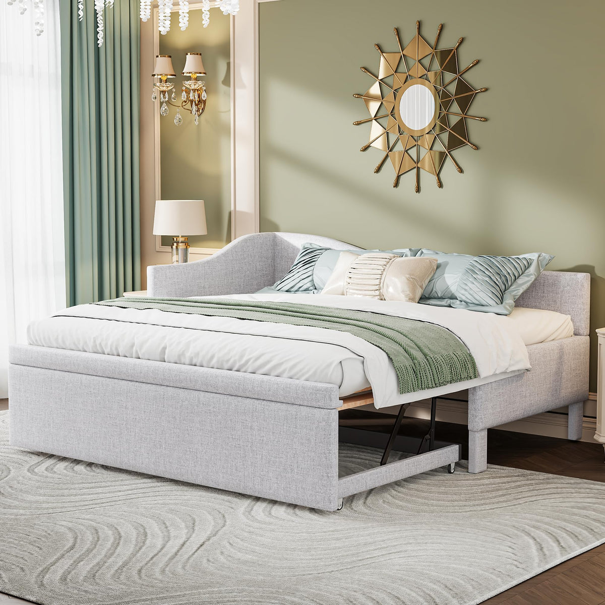 Twin Size Upholstered Linen Daybed with Pop up Trundle S160894